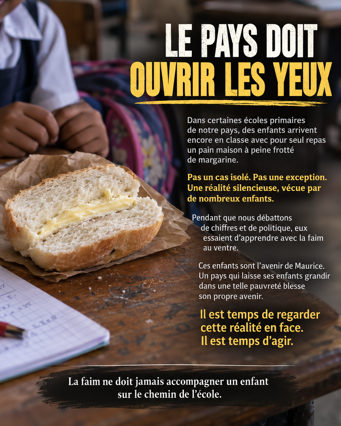Infographie sur les enfants qui arrivent à l’école avec un pain maison et un peu de margarine