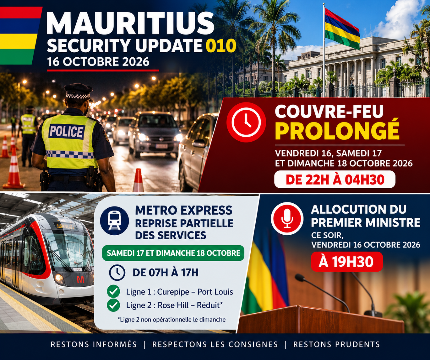 Bulletin de sécurité Maurice, couvre-feu prolongé, Metro Express et allocution du Premier ministre