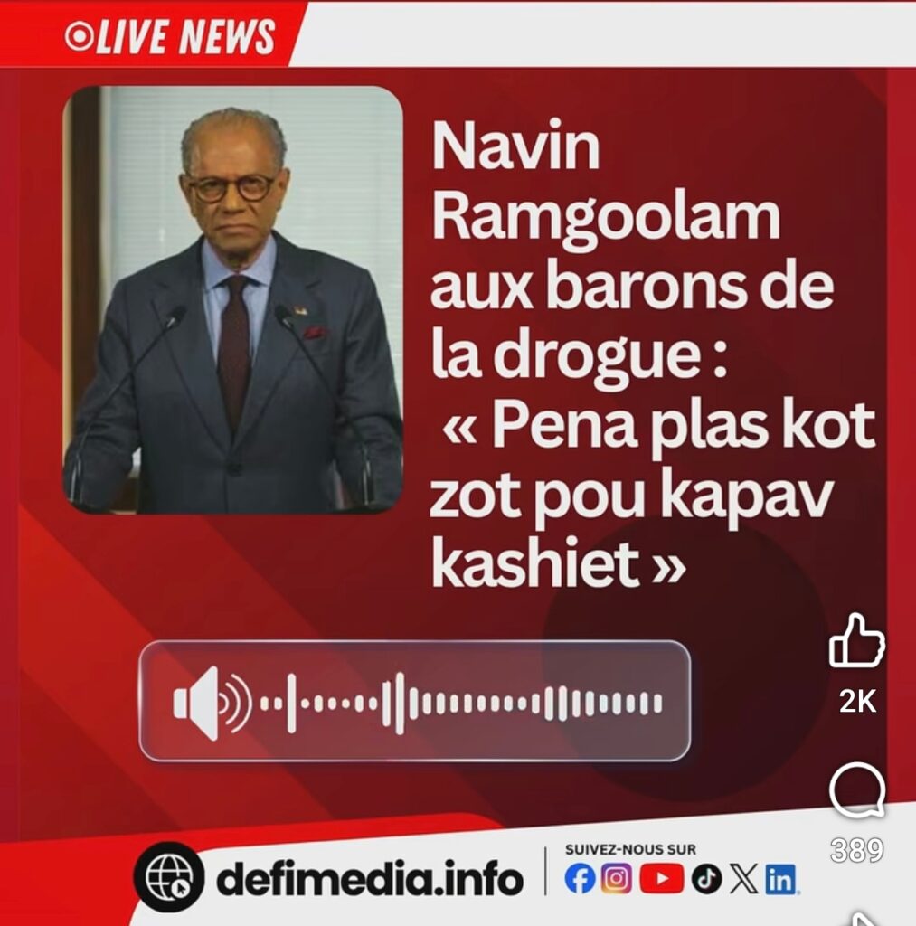 Capture Defimedia de la déclaration du Premier ministre Navin Ramgoolam sur les barons de la drogue