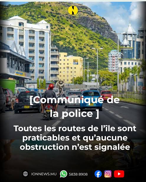 Circulation automobile à Maurice et communiqué de la police indiquant que les routes sont praticables. Source : ION News.