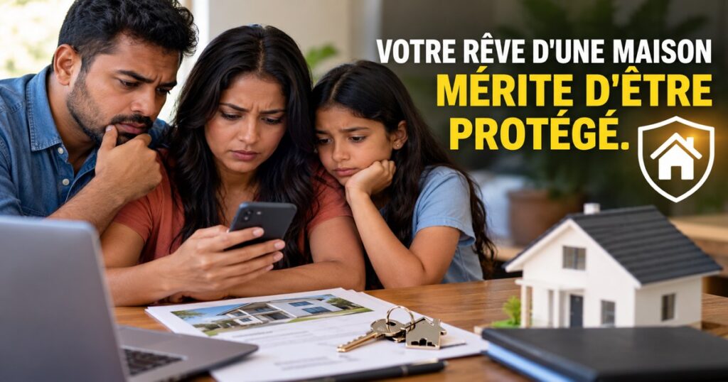 Une famille examine une annonce immobilière sur un téléphone. Message de sensibilisation contre les arnaques immobilières à Maurice.